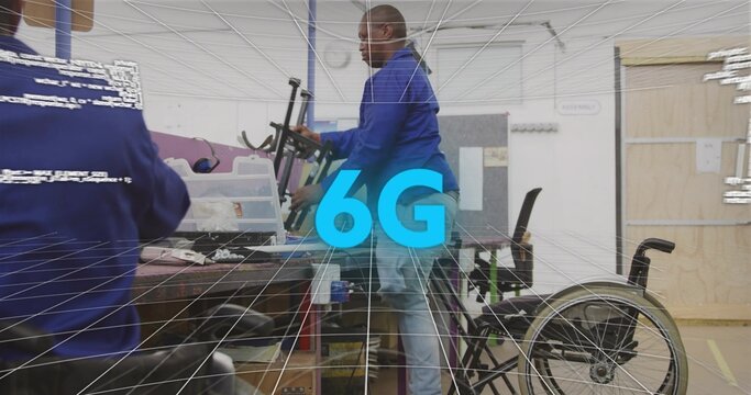 Working technician handling equipment at lab bench, wearing blue jacket with wheelchair, bins, 6G - Powered by Adobe