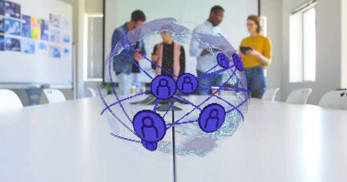 Discussing team in business attire around holographic globe on conference table, tablet visible - Powered by Adobe