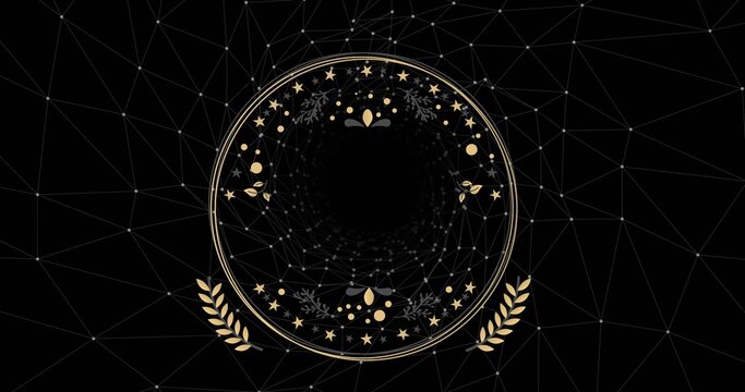 Naklejki Centering gold medallion showing concentric rings and black void, gold stars on dark wireframe