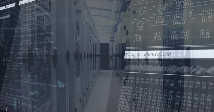 Displaying server aisle showing vented doors, LEDs and File  ENCRYPTION overlay in server room