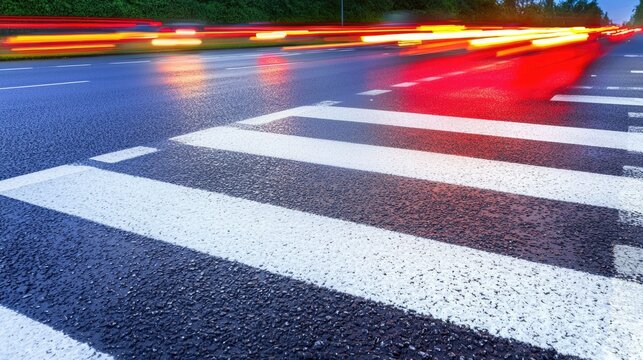 Dynamic traffic flow at pedestrian crossing urban road photography nighttime low angle motion blur effects