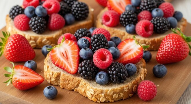 Three slices of toast topped with fresh berries and strawberries on a wooden cutting board.