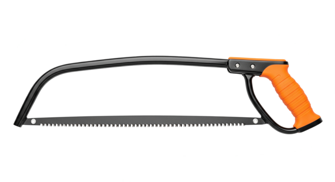 Bow saw with orange handle and black metal frame for wood cutting