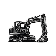 Hand drawn illustration of excavator with driver operating.