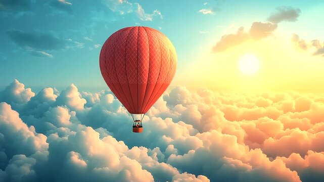 Hot air balloon soaring above clouds at sunset