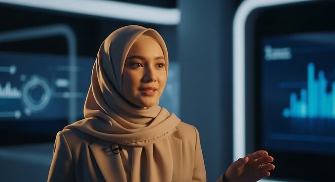 Confident Muslim Businesswoman in Hijab Presenting Data Analytics in a Modern Tech Office Environment