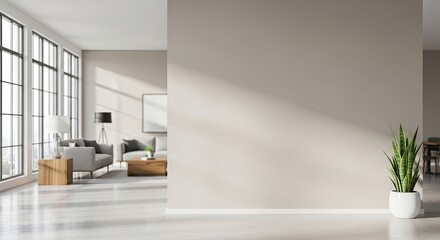 A spacious, modern living room with a large window, a sofa, and a potted plant.