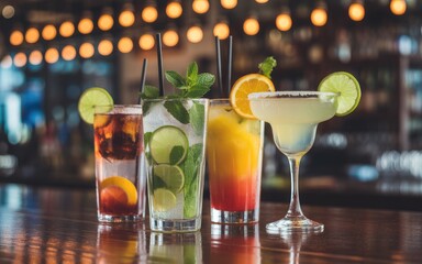 Refreshing cocktails lined up on a sleek bar top, perfect for happy hour promotions and vibrant summer menus. Get your party started with these drinks!
