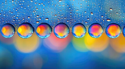 Droplets forming colorful reflections abstract water background macro photography blue environment close-up focus