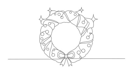 Elegant Christmas wreath drawn in one line style for festive celebrations and greetings card design