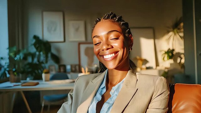 The businesswoman smiled brightly as she celebrated her successful deal, feeling accomplished and empowered.