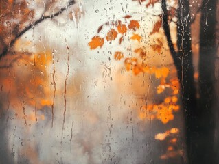 Fototapeta premium Rainy autumn scene with colorful leaves nature photography outdoor close-up serenity and reflection