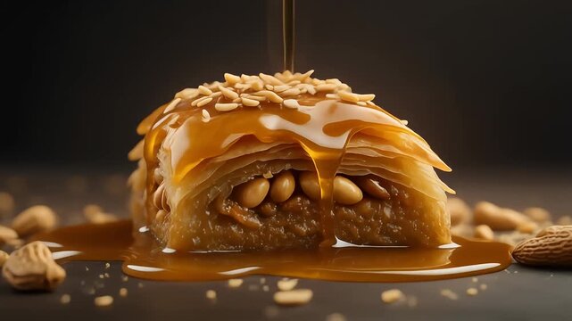 Delicious syrupy sweet pastry with nuts and sesame seeds, a delightful treat