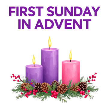 First sunday in advent illustration with three lit candles, pine branch, berry, and pinecone decoration isolated on transparent background
