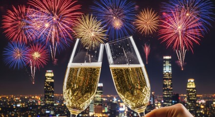 Two champagne glasses with champagne against a cityscape background with fireworks.