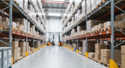 Fototapeta premium A warehouse with shelves filled with boxes and a forklift in the middle of the aisle.