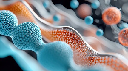 Abstract microscopic view of cellular structures and molecules in motion, featuring blue and orange spheres and organic shapes against a dark background with so
