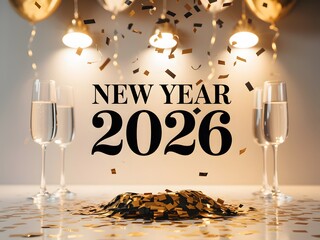 Celebrate the Arrival of New Year 2026 with Sparkling Champagne and Festive Confetti Amidst Elegant Decorations and Golden Balloons Signaling Hope and Joy for the Year Ahead