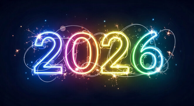 Colorful glowing 2026 new year design with sparklers on a dark festive background - Powered by Adobe