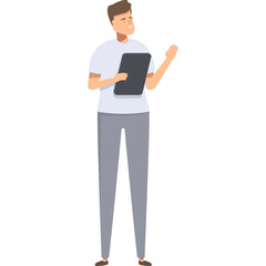 Man in White T Shirt And Gray Pants Holding Tablet Looking Upwards On White Background