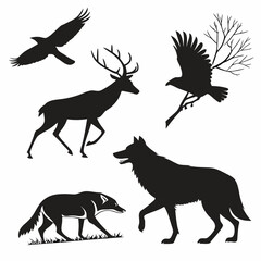 A collection of black silhouettes of wild animals including a majestic stag a soaring eagle a cunning fox a predatory wolf and a bird in flight against a clean white background