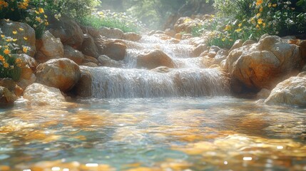 Sunlight cascades onto a gently flowing stream cascading over rocks amidst vibrant wildflowers