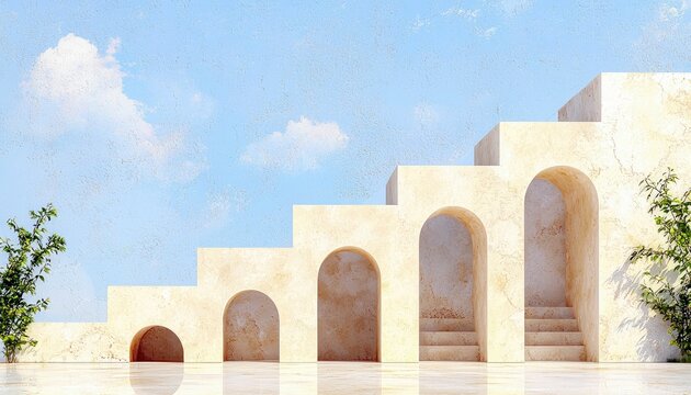 A minimalist architectural design featuring a series of arches and stairs, set against a clear blue sky with scattered clouds. Lush green foliage frames the sce