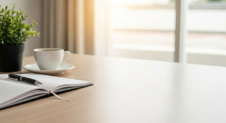 Obraz premium A white desk with a cup of coffee and a plant on it.