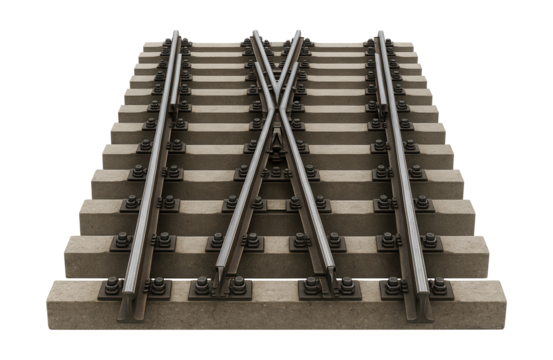 Dual-switch railway turnout with concrete sleepers.
