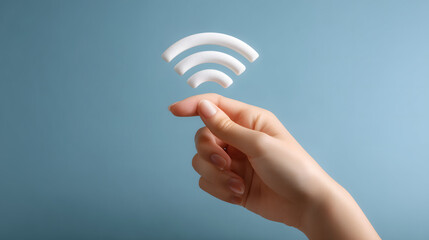 A hand and Glowing light bulb as a 3d symbol for wireless internet connection on blue background 