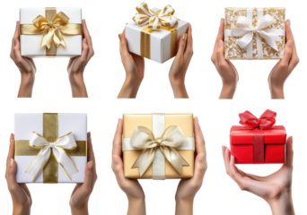 Collection of Hands holding wrapped gifts with ribbons and bows.