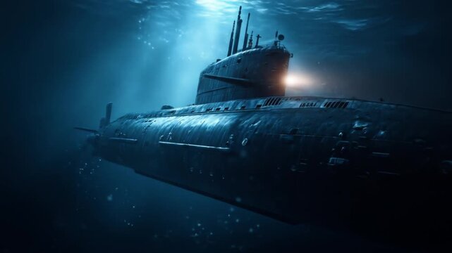 Gigantic submarine glides through cobalt depths, dim sonar glow tracing its armored hull. In shadow