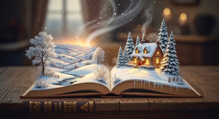 A magical winter scene with a house, trees, and snow, appearing to come alive from an open book.