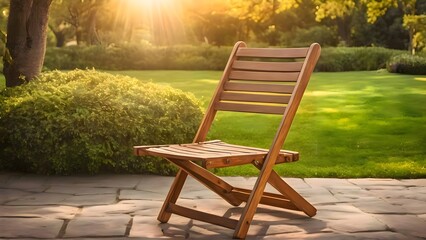 Wooden chair placed in the grass outdoors with natural light highlighting the wood texture, forming a simple peaceful scene where furniture contrasts gently with the surrounding greenery