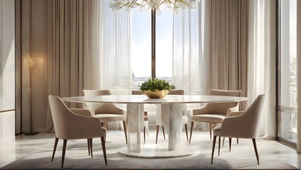 Table with chairs and a vase arranged in a room, forming a tidy interior setup where furniture and a decorative vase create a balanced composition under soft lighting in a quiet indoor environment