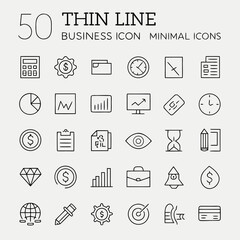 A collection of 50 thin line minimalist business icons representing various concepts such as finance strategy analytics and office essentials for digital design