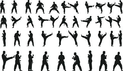 Martial arts silhouette collection, dynamic karate and kickboxing action poses, training movement figures for combat sport, fitness illustration, self-defense practice designMartial arts silhouette 