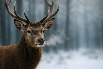 Fototapeta premium Close up of a majestic stag exhaling vapor in a snowy, winter forest setting outdoors 