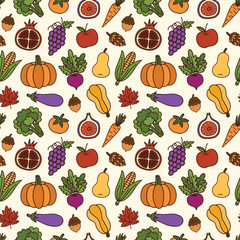 Autumn Harvests Fruits and Vegetables on Light Beige Seamless Pattern Design