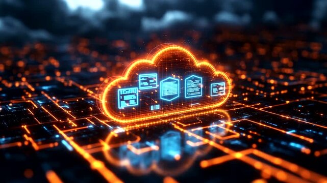 Cloud computing technology with glowing icons on grid - Powered by Adobe