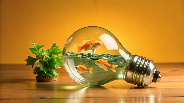 a large transparent light bulb filled with water and fish inside