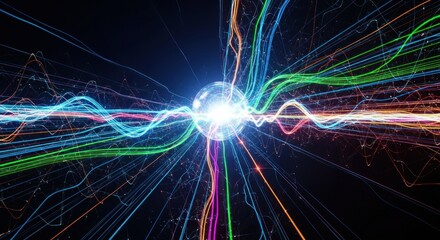 A vibrant, abstract light trail design with a central sphere and colorful lines.