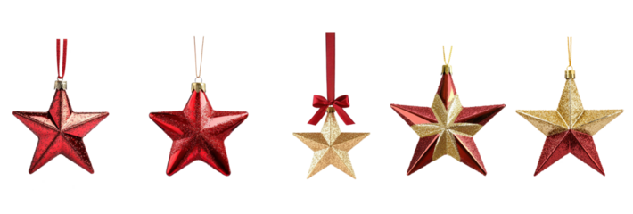 A set of red and gold star ornaments hanging from a white background.