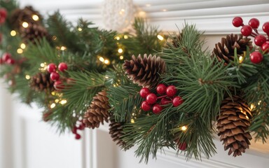 Festive holiday mantel decoration with pine cones, red berries, and twinkling lights creating a warm Christmas ambiance for a cozy home celebration