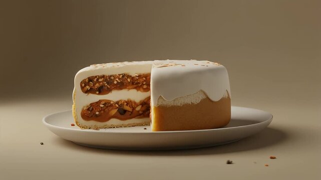Decadent multi-layered caramel and nut cake with white icing on a plate