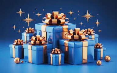 Elegant blue and gold gift boxes with star accents, perfect for holiday promotions and festive marketing campaigns, adding a touch of luxury and celebration