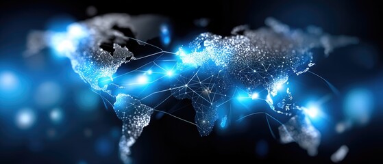 A digital representation of a connected world, featuring glowing lines and dots over a map, symbolizing global networking and technology.