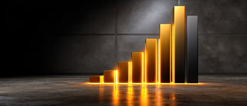 A striking 3D bar graph illuminated with golden and black colors, symbolizing growth and success in a dimly lit environment.