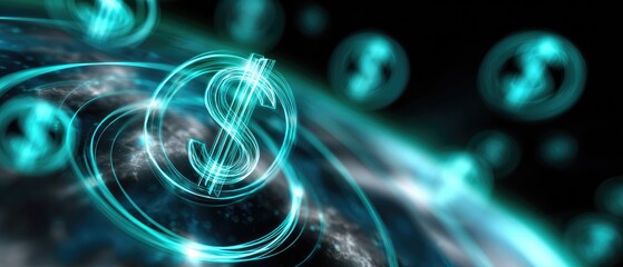 A futuristic digital representation of currency symbols surrounding a globe, illustrating the concept of global finance and cryptocurrency.