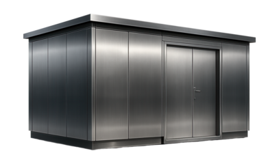 Modular service station structure with metal walls and entry doors.